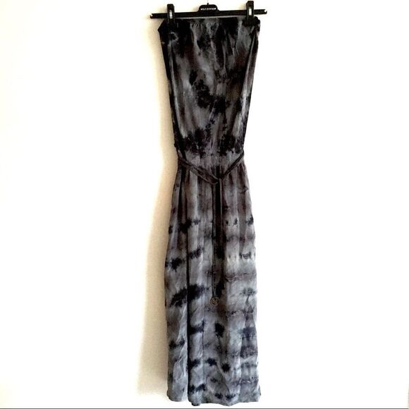GYPSY 05 silk tie-Dye boho strapless maxi dress blue grey M - Picture 4 of 8